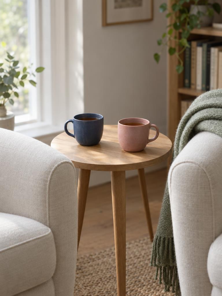 Zwei Teetassen in Blau und Rosé auf einem kleinen Holztisch zwischen zwei Sesseln